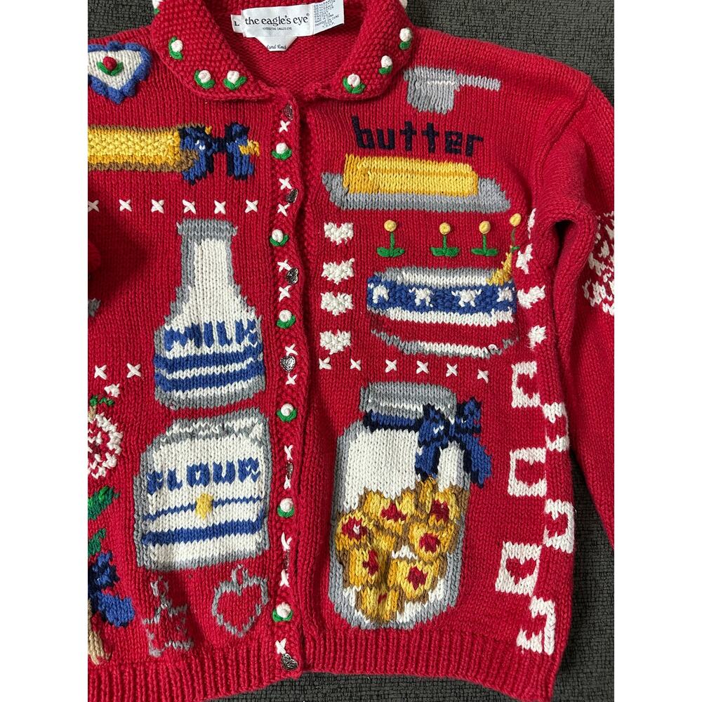Rare Vintage Eagle's Eye Sugar Cookies Recipe Cardigan Sweater L Hand Knit - Picture 7 of 15